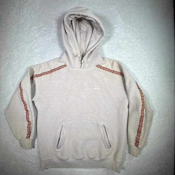 Levis Beige Embroidered Trim Hoodie Pullover Casual Fleece Lined Sweatshirt Sz S - Picture 1 of 8